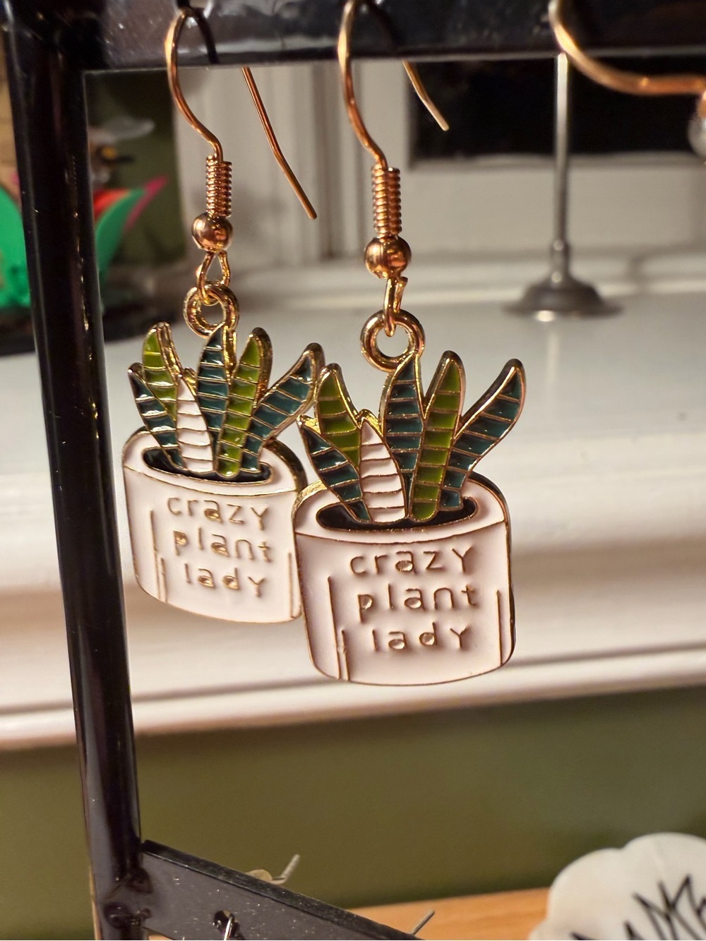 Crazy Plant Lady Enamel Drop Earrings - Green & White